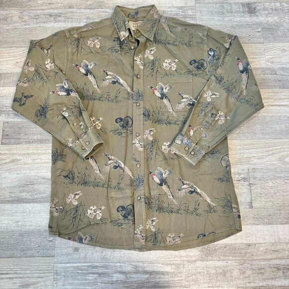Woods & Water Outfitters Green Bird Print Men's Long Sleeve Button Down R24 - Picture 1 of 4